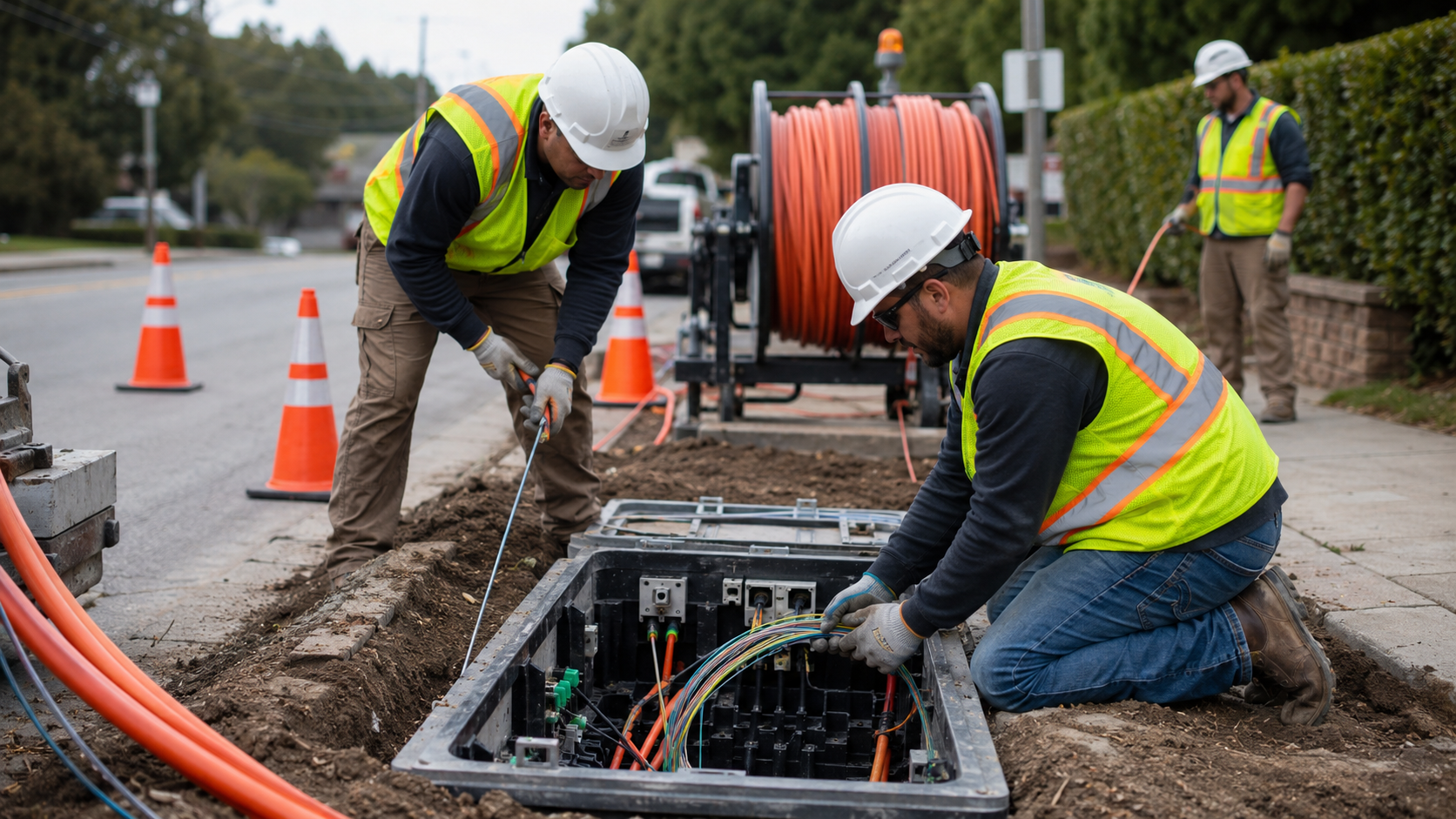 Telecom technicians working in a fiber access vault