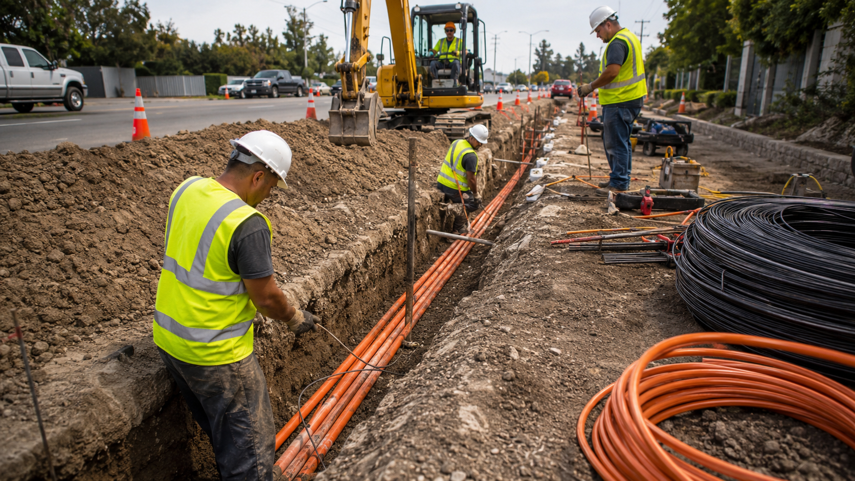Kercom infrastructure construction crew installing underground conduit